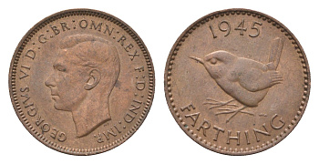 Великобритания 1 фартинг 1945 Георг VI (1936-1952) KM 843, Spink 4116 бронза 4664-349