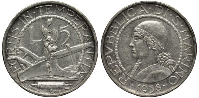 Сан-Марино 5 лир 1938 KM 9 серебро 27-133