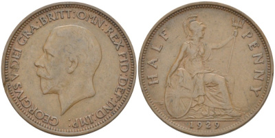 Великобритания 1/2 пенни 1929 Георг V (1910-1936) KM 837, Spink 4058 бронза 4513-652