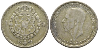 Швеция 1 крона 1942 G, Густав V (1907-1950) KM 814 серебро 177-936