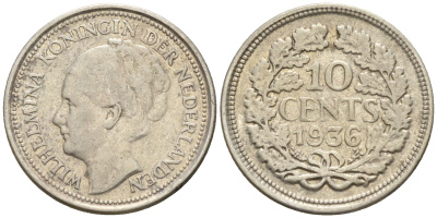 Нидерланды 10 центов 1936 Вильгельмина I (1890-1948) КМ 163 серебро  4160-1237