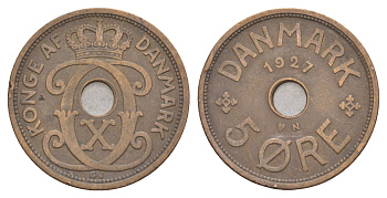Дания 5 эре 1927 N, Кристиан X (1912-1947) KM 828 бронза 4654-733
