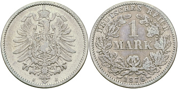 Германия 1 марка 1876 J Weege 17, J. 9, KM 7 серебро 65-123