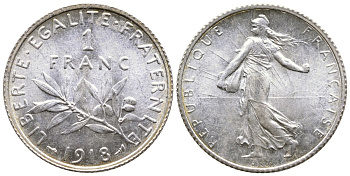 Франция 1 франк 1918 сеятель KM 844.1, Le Franc 217.24 серебро UNC 259-733