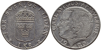 Швеция 1 крона 1989 Карл XVI Густав (1973- ) KM 852a медно-никель 4398-1156
