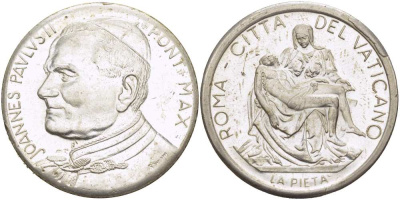 ВАТИКАН МЕДАЛЬ ND ПАПА ИОАНН ПАВЕЛ II, СКУЛЬПТУРА МИКЕЛАНДЖЕЛО LA PIETA, ДИАМЕТР 35 ММ. белый металл 650-1335