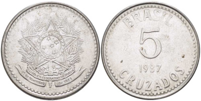 Бразилия 5 крузадо 1987 реформа (1986-1989) KM 606 нержавеющая сталь 31-934