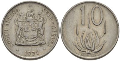 ЮАР 10 ЦЕНТОВ 1971 ГЕРБ, ЦВЕТОК АЛОЭ KM 85 никель 67-415