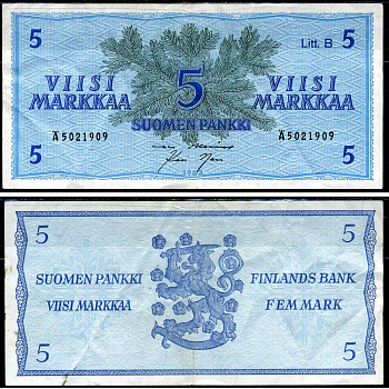 Финляндия 5 марок 1963 Pick 106Aa(38) бумага 3295-50-1-2