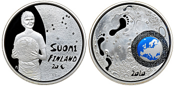 Финляндия 20 евро 2010 в оригинальной коробке, с сертификатом, цветная эмаль, луна, земля KM 153 серебро PROOF 4-3-3-30