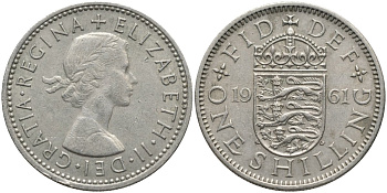 Великобритания 1 шиллинг 1961 Елизавета II (1952-2022), Английский герб KM 904, Spink 4147 медно-никель 4171-622