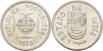 Португальская Индия 1 рупия 1935 мальтийский крест KM 22 серебро 1529-922