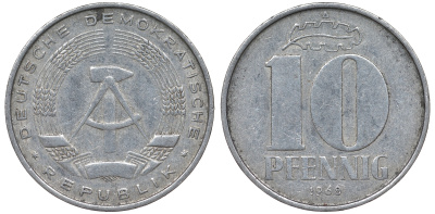 ГДР 10 пфеннигов 1968 A KM 10 алюминий 62-755