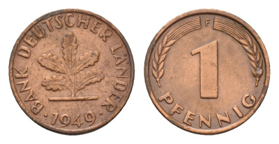 ФРГ 1 пфенниг 1949 F KM A101, J. 376 сталь плакированная медью 4630-269