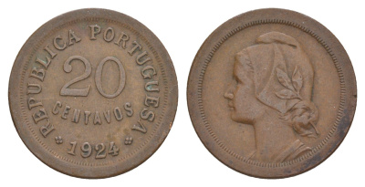 Португалия 20 сентаво 1924 KM 574 бронза 4654-244