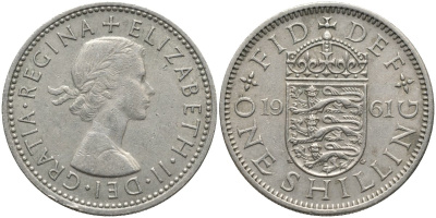 Великобритания 1 шиллинг 1961 Елизавета II (1952-2022), Английский герб KM 904, Spink 4147 медно-никель 4171-622