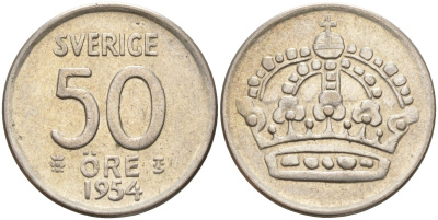 Швеция 50 эре 1954 TS, Густав VI Адольф (1950-1973) KM 825 серебро 4148-933