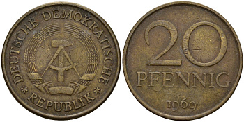 ГДР 20 пфеннигов 1969 A, первый год KM 11 латунь 4187-751