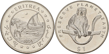 Эритрея 1 доллар 1994 серия берегите планету Земля, колобус (обезьяна) KM 17 медно-никель UNC 4125-835