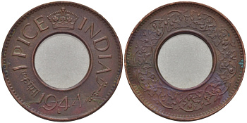 Британская Индия 1 пайс 1944 HC, Георг VI (1936-1952) KM 533 бронза 28-534