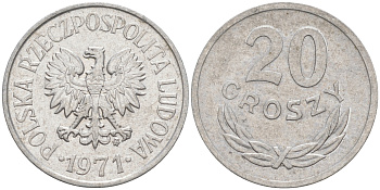 ПОЛЬША 20 ГРОШЕЙ 1971 MW KM A47 алюминий XF 188-742