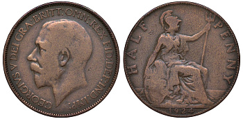 Великобритания 1/2 пенни 1924 Георг V (1910-1936) KM 809, Spink 4056 бронза 4122-731