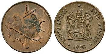 ЮАР 1/2 цента 1970 два капских воробья на ветке KM 81 бронза 4136-845