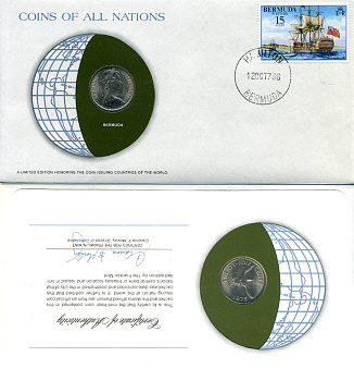 Бермудские острова 25 ЦЕНТОВ 1973 конверт с маркой первого дня гашения, Coins of Nations KM 18 медно-никель UNC 4294-16-3