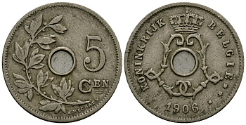 Бельгия 5 сантимов 1906 Belgie, Леопольд II (1865-1909) KM 55 медно-никель 4173-154