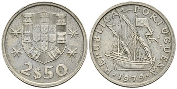 Португалия 2,5 эскудо 1979 парусник KM 590 медно-никель 4147-636