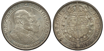 Швеция 2 кроны 1907 Оскар II (1872-1907) король Швеции, золотая свадьба KM 776 серебро 413-6122