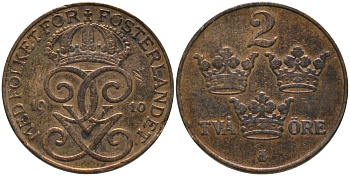 Швеция 2 эре 1910 Густав V (1907-1950) KM 778 бронза 63-1053