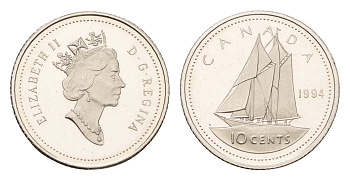 Канада 10 центов 1994 Елизавета II (1952-2022), парусник KM 183 никель PROOF 633-913