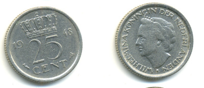 НИДЕРЛАНДЫ 25 ЦЕНТОВ 1948 ВИЛЬГЕЛЬМИНА KM 178 никель 83-1017