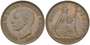Великобритания 1 пенни 1937 Георг VI (1936-1952) KM 845, Spink 4114 бронза    69-1122