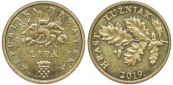 Хорватия 5 лип 2019 дуб, легенда на хорватском KM 5 сталь плакированная латунью aUNC 4516-215