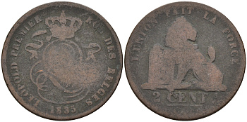 Бельгия 2 сантима 1835 Belges KM 4.1 медь 4595-151