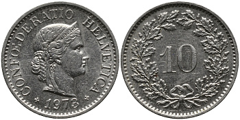 Швейцария 10 раппенов 1973 KM 27 медно-никель 33-252