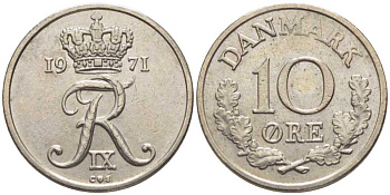 ДАНИЯ 10 ЭРЕ 1971 C;S, ФРЕДЕРИК IX (1947-1972) KM 849,1 медно-никель 201-1231