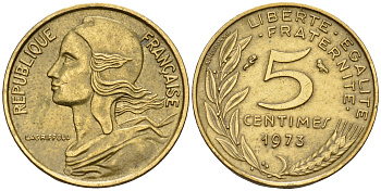 Франция 5 сантимов 1973 тип Марианна KM 933 медь алюминий никель    4152-1223