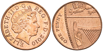 Великобритания 1 пенни 2010 Елизавета II (1952-2022) KM 1107, Spink B6 сталь плакированная медью 4609-667