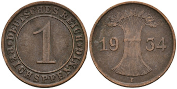 Германия 1 рейхспфенниг 1934 E KM 37, J. 313 бронза 4516-223