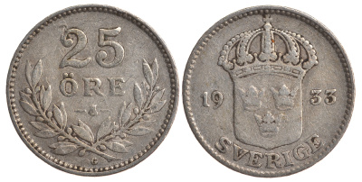 Швеция 25 эре 1933 G, Густав V (1907-1950) KM 785 серебро 4179-846