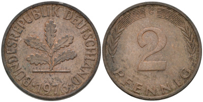 ФРГ 2 ПФЕННИГА 1976 G KM 106a, J.381a сталь плакированная сталь плакированная медьюю 75-444