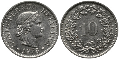Швейцария 10 раппенов 1973 KM 27 медно-никель 33-252