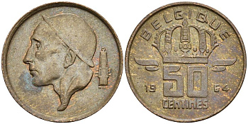 БЕЛЬГИЯ 50 САНТИМОВ 1964 BELGIQUE KM 148.1 бронза 4528-941