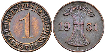 ГЕРМАНИЯ 1 РЕЙХСПФЕННИГ 1931 D KM 37, J. 313, Weege 2 бронза 4547-156