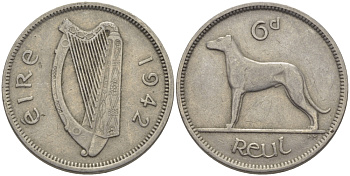 ИРЛАНДИЯ 6 ПЕНСОВ 1942 СОБАКА KM 13а медно-никель 177-735