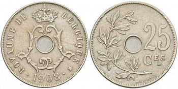 БЕЛЬГИЯ 25 САНТИМОВ 1908 BELGIQUE KM 62 медно-никель 3718-553