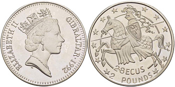 Гибралтар 2.8 экю-2 фунта 1992 РЫЦАРЬ ВСАДНИК НАЛЕВО KM 293 медно-никель UNC 4527-512